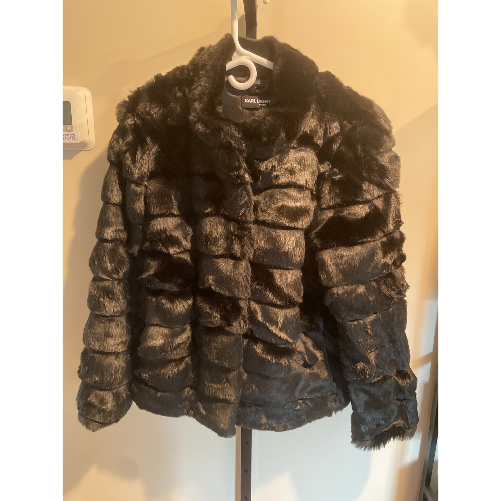 Karl Lagerfeld Tiered Faux Fur Coat Black Women's M Winter Cozy Tier Jacket